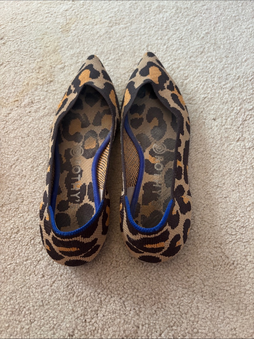 Rothy’s Leopard Print Pointed Toe Ballet Flats in Brown.